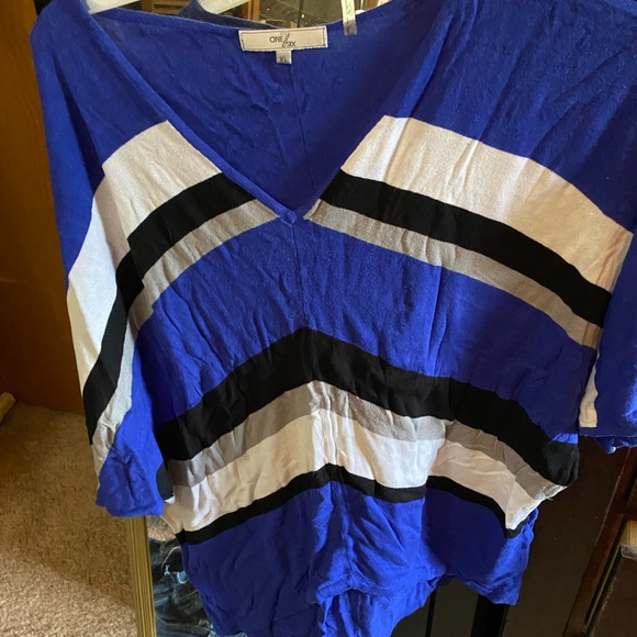 Sorry for the wrinkles! Fun blue black white and gray striped shirt. - Picture 1 of 2